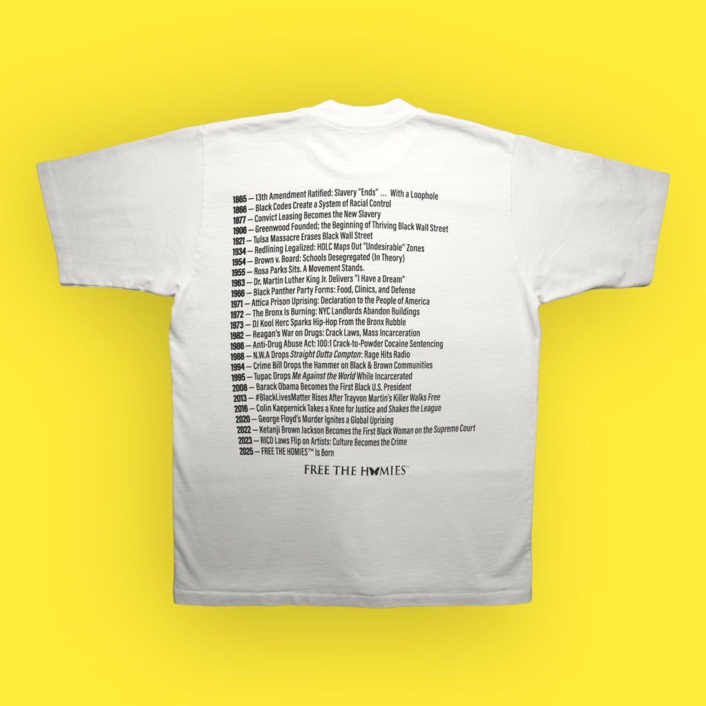 White t-shirt with text on a yellow background